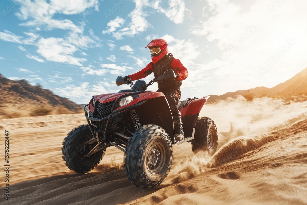 A rider on a red ATV speeds across a sandy landscape, kicking up dust against a backdrop of blue skies and scattered clouds. A rider on a red ATV speeds across a sandy landscape, kicking up dust against a backdrop of blue skies and scattered clouds.