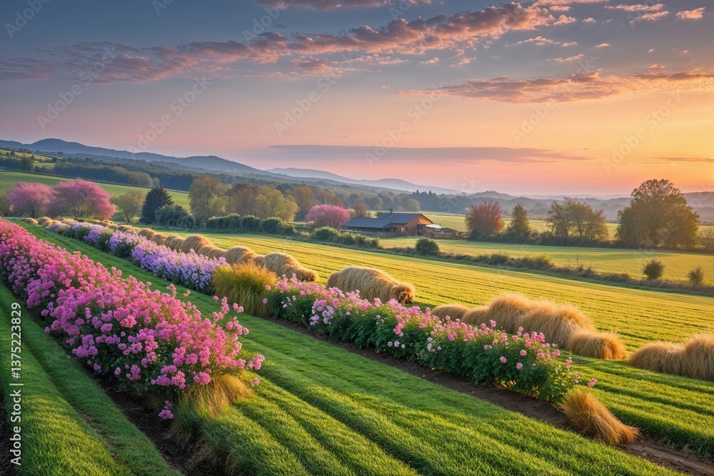 Fototapeta premium Scenic Rural Landscape with Vibrant Flowers and Neatly Trimmed Hay under a Peaceful Sunset Sky