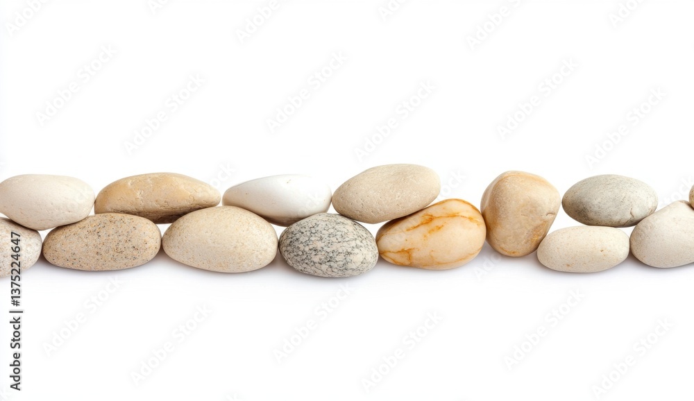 Smooth Natural Pebbles Arranged in a Line on White Background Smooth Natural Pebbles Arranged in a Line on White Background