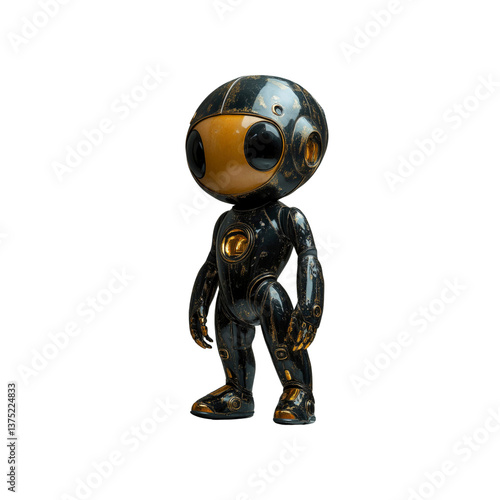 Adorable Retro-Futuristic Robot Character Render 3D Model of a Small, Golden and Black Metallic Bot