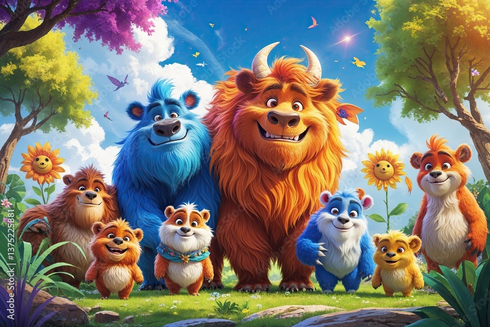 Fototapeta premium Colorful Animated Art with Friendly Animals and Bright Sunshine on Soft Canvas