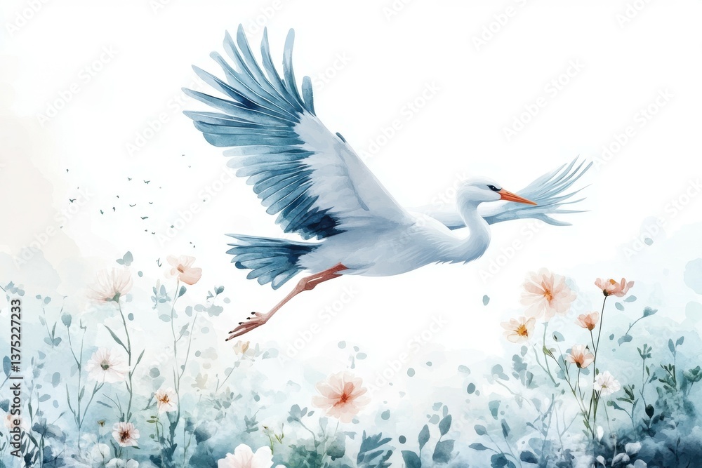 Obraz premium A Soaring Crane above Wildflowers:A majestic crane gracefully soars above a field of delicate wildflowers in a serene landscape, showcasing nature's beauty and freedom.
