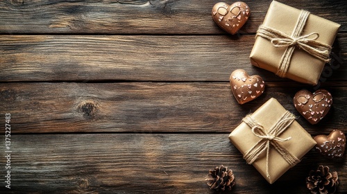 Rustic wooden background with two kraft paper gift boxes tied with twine, and heart-shaped chocolates.