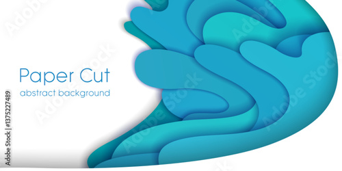Layered blue paper cut waves abstract background. 3d effect papercut art with curvy flowing shapes. Topographic water texture or aquatic theme illustration. Modern design cutout style decoration.