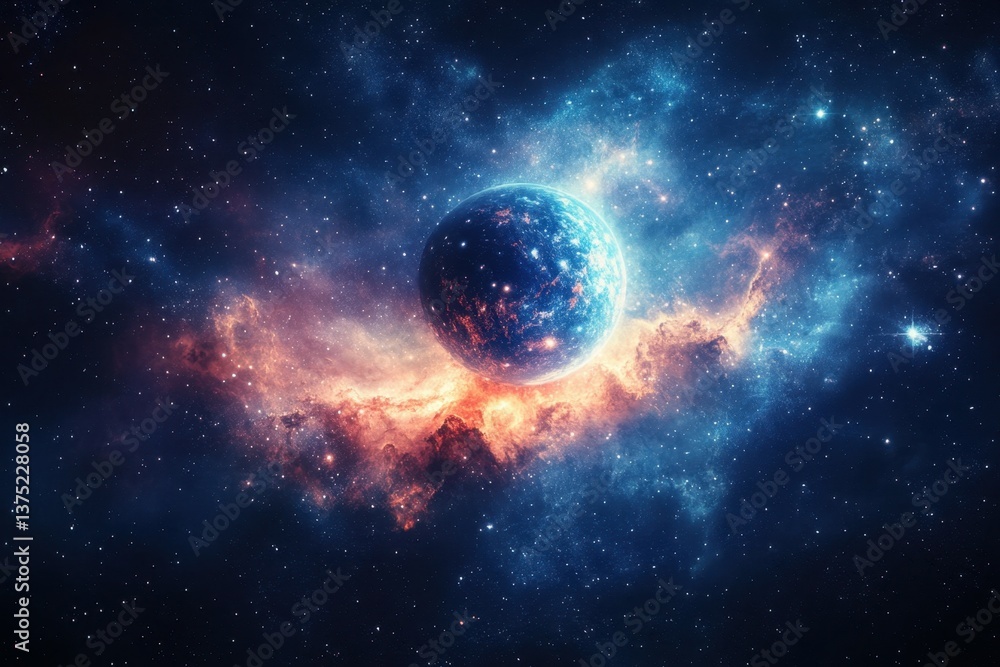 Fototapeta premium Celestial Sphere: A breathtaking cosmic spectacle showcases a planet engulfed in a swirling nebula. The colors are vibrant, the details are intricate, providing a sense of awe and wonder.
