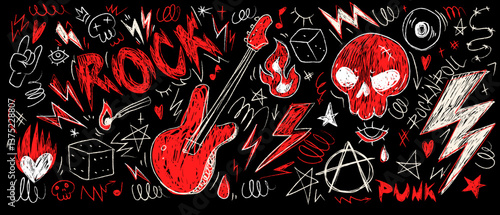 Punk rock music design elements collection - electric guitar, skull, flame, anarchy symbol, lightning bolt hand drawn vector illustrations. Red and white doodle style sketches for underground posters