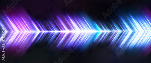 Neon arrow shapes set - glowing futuristic blue and purple pointers with light trails. Electric illuminated vivid colorful gradients for dynamic motion design, abstract speed boost on dark background.
