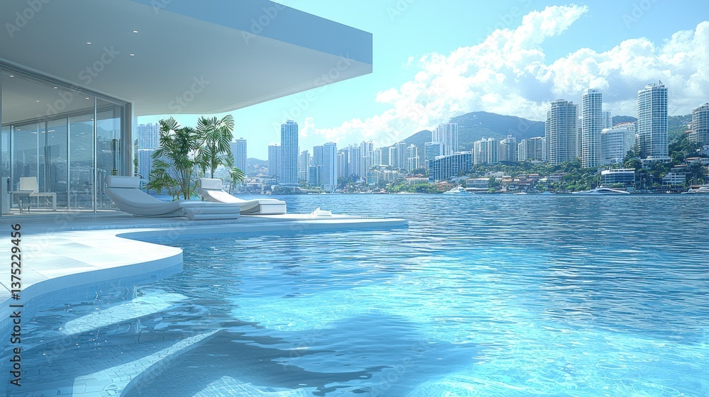 Fototapeta premium Luxury Waterfront Villa with Infinity Pool and City Skyline View
