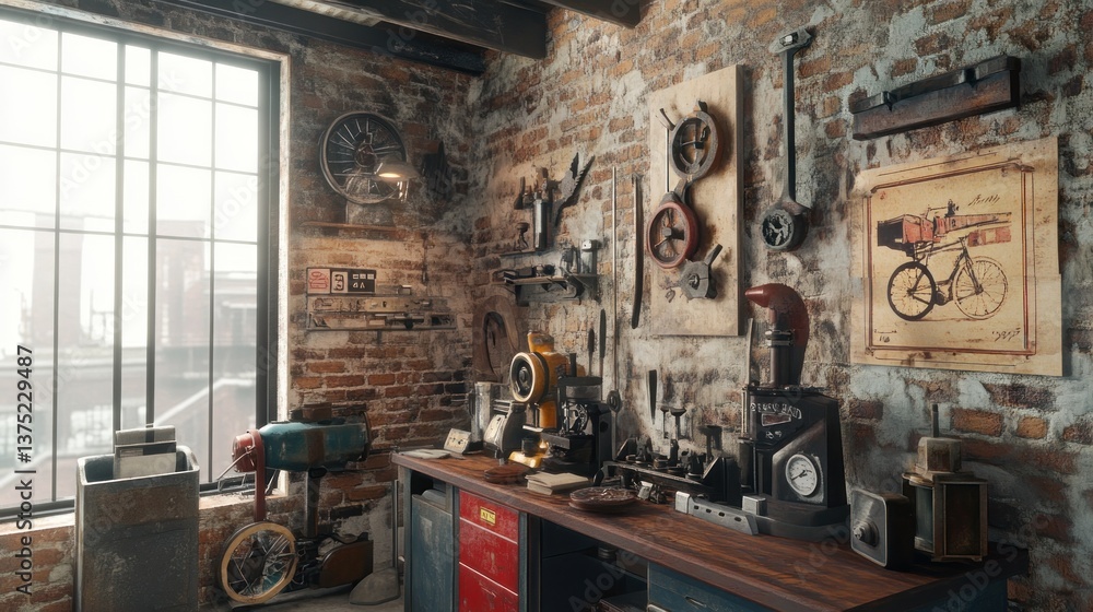 Rustic workshop interior with brick walls, large window, vintage tools, and machinery on workbench. Rustic workshop interior with brick walls, large window, vintage tools, and machinery on workbench.