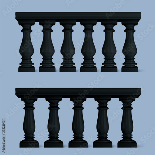 Decorative 3d balustrade silhouettes, black architectural elements. Vintage railings or fences designs. Classic baluster posts in baroque style. Vector set for exterior decor, buildings, borders.