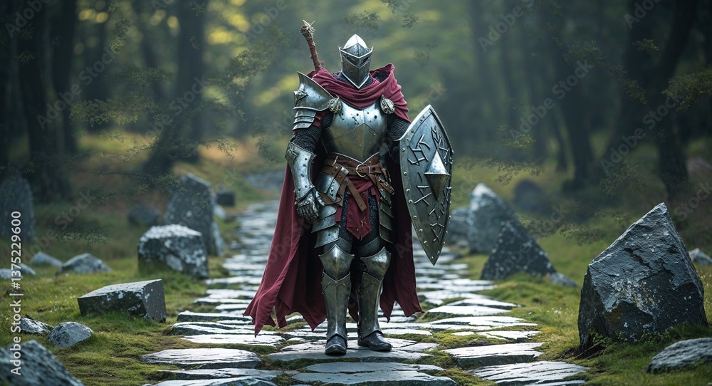 Fototapeta premium Arcane knight on stone path with mystical runes background