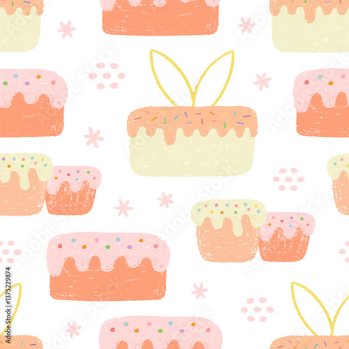 Seamless pattern with various Easter cake painted with crayon