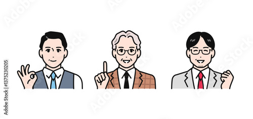 笑顔で説明をする専門家のミドル世代・シニア世代の男性のシンプルなベクターイラストセット
