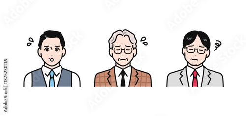困っている専門家のミドル世代・シニア世代の男性のシンプルなベクターイラストセット