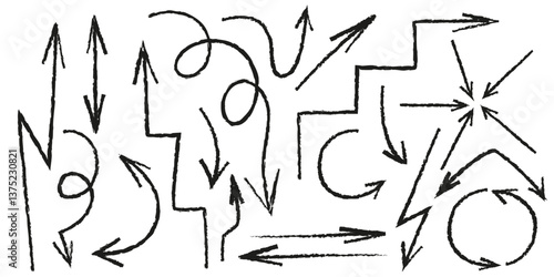 Handdrawn arrow set in doodle sketch style. Curved, straight and swirly black ink lines drawn in different directions and trajectories. Artistic hand sketched vector elements for creative design.