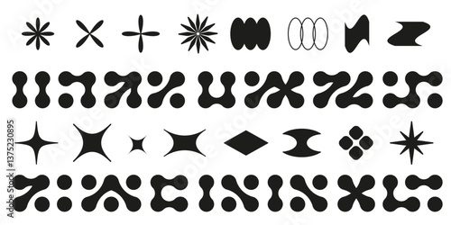 Abstract metaball shapes set isolated on white background. Vector illustration of black dots connected into different shape icons, organic fluid blobs, molecule structure, scientific chemical grids