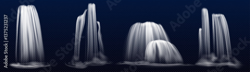 Waterfalls set isolated on transparent background. Vector realistic illustration of 3d water cascade falling from mountain, fountain streams, river splashing down cliff, natural landscape elements