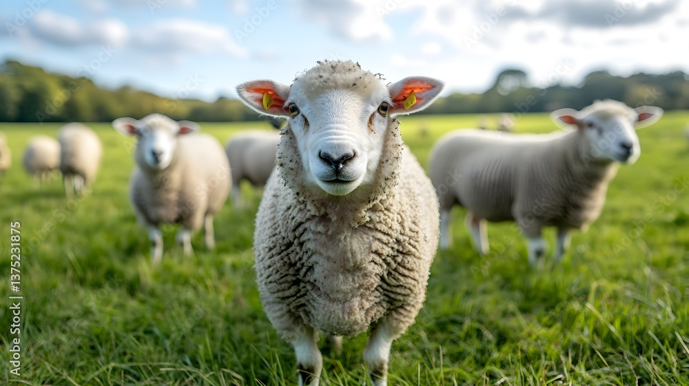 A close-up view of a fluffy white sheep standing in a lush green pasture with other sheep in the background on a sunny day. A close-up view of a fluffy white sheep standing in a lush green pasture with other sheep in the background on a sunny day.