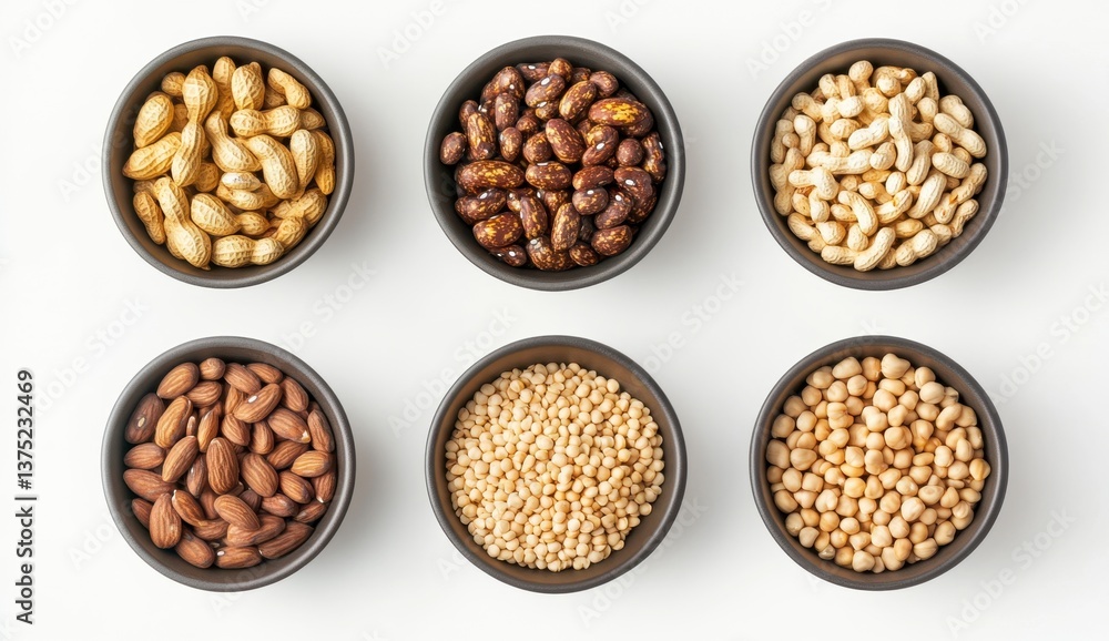 Assorted Nuts and Seeds in Bowls Displayed on White Background Assorted Nuts and Seeds in Bowls Displayed on White Background
