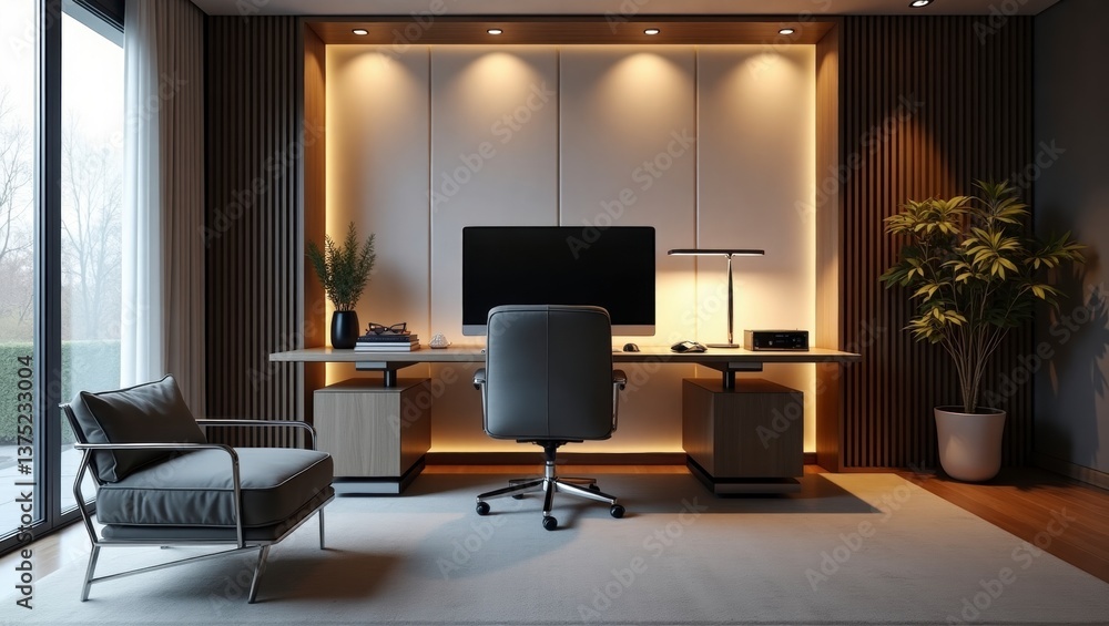 Fototapeta premium A stunningly modern home office setup featuring sleek design and functional elements for productivity and aesthetics