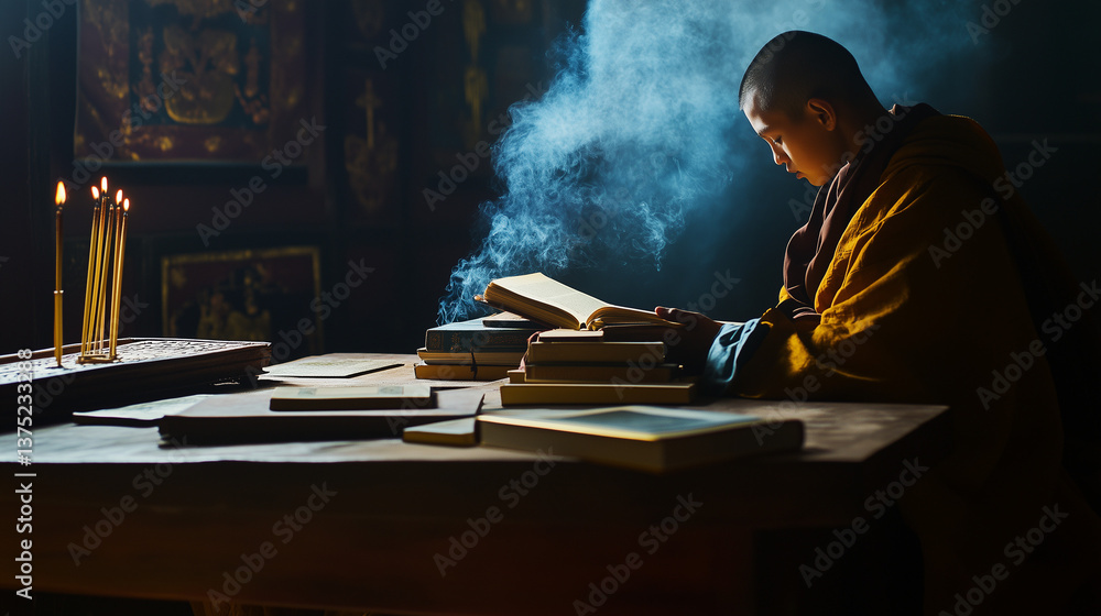 Monk studying ancient texts in a serene temple  