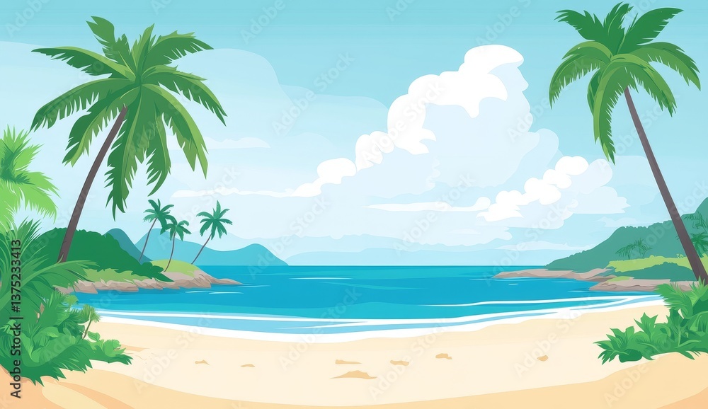 Obraz premium Tropical beach scene under a bright sky. Lush palm trees line a pristine sandy beach. Calm ocean water laps gently against the shore