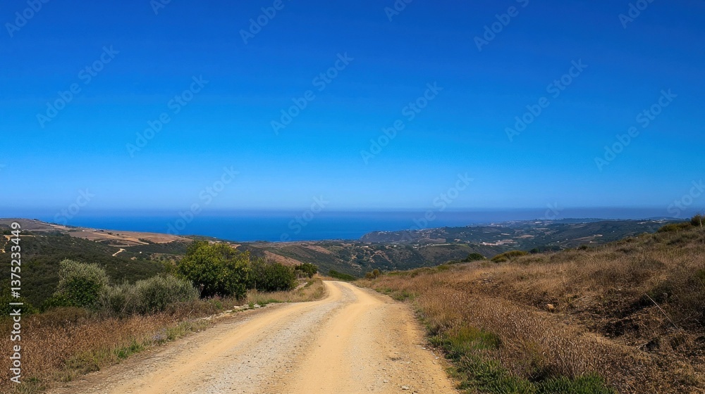 Scenic coastal dirt road descending towards a tranquil ocean under a clear blue sky. Scenic coastal dirt road descending towards a tranquil ocean under a clear blue sky.
