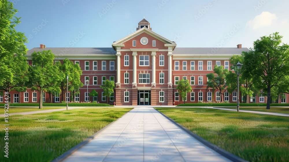 Obraz premium Historic Red Brick Academic Building with Lush Green Surroundings