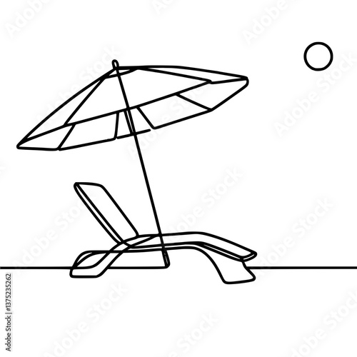 Line drawing of a sun lounger with an umbrella and sun on a transparent background  