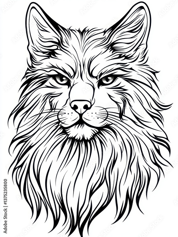 Detailed Black and White Line Art of a Majestic Cat Face Detailed Black and White Line Art of a Majestic Cat Face