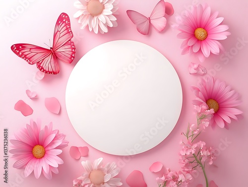 A digital composition featuring a large white circular frame in the center. Surround the frame with delicate butterflies