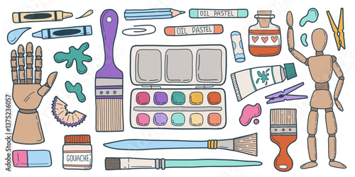 Vector art tools collection. Doodle colored drawing supplies - pencil, hand, mannequin, ink, paints, brushes, oil pastel, crayons.  Art class concept
