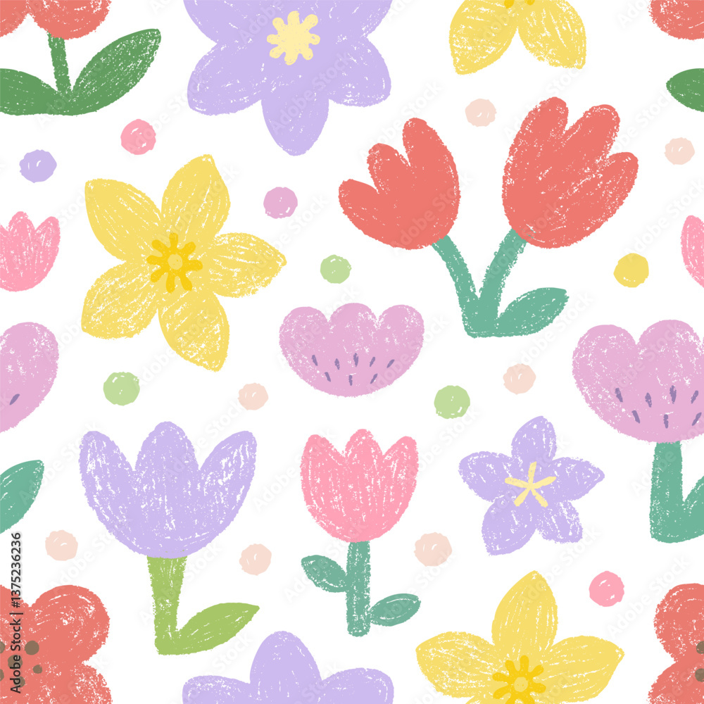Spring seamless pattern with crocuses, poppies, tulips, daffodils Spring seamless pattern with crocuses, poppies, tulips, daffodils