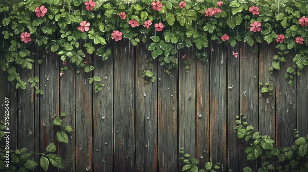 Fototapeta premium Wooden fence with vibrant flowers and lush green leaves growing over it