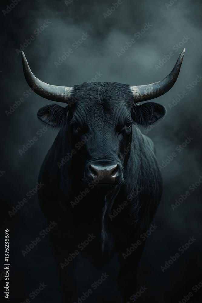 Fototapeta premium Majestic Black Bull Emerging from Dark Smoke Background