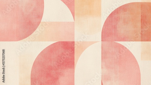 Abstract geometric pattern featuring textured semi circles and rectangles in shades of peach, Background  coral, and cream, creating a modern, artistic design