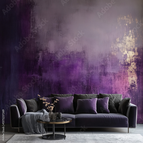 Stylish interior with a purple armchair, marble floor, and minimalist decor – ideal for modern home design and elegant living space inspiration.