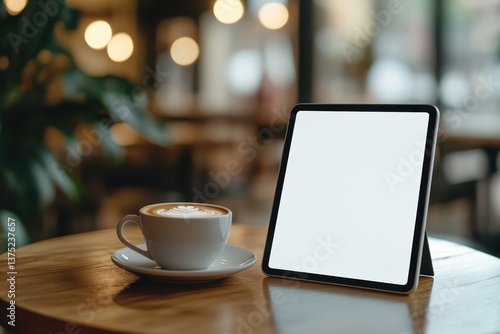 A tablet with a blank screen on a wooden table with a cup of cappuccino. Cafe background. Mock up.