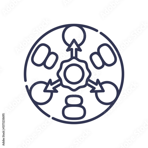 Circular diagram with arrows and circles, symbolizing differentiation and unique positioning.