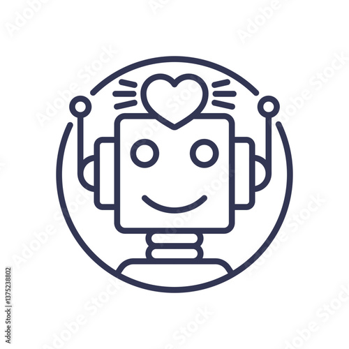 A smiling robot with a heart symbol, representing empathy in AI.