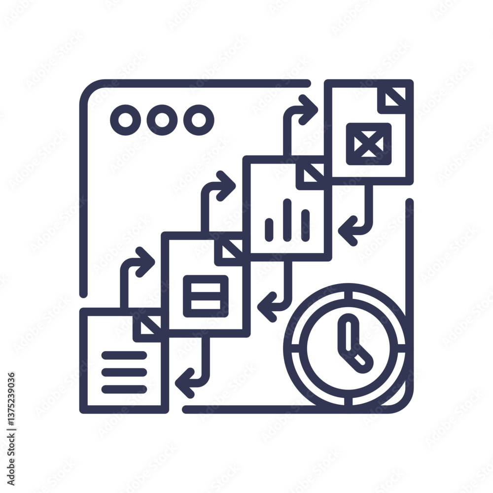 Flowchart with documents and clock symbolizing process and time management. Flowchart with documents and clock symbolizing process and time management.