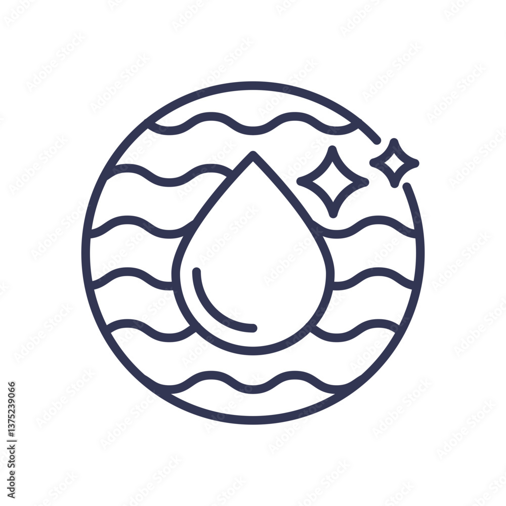 A water droplet with waves and sparkles symbolizes cleanliness and purity. A water droplet with waves and sparkles symbolizes cleanliness and purity.