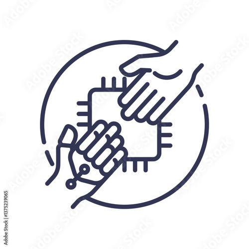 Human and robotic hands collaborate around a microchip, symbolizing Human-AI interaction.