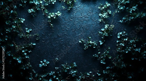 Dark Teal Wall Framed By Lush Green Vines