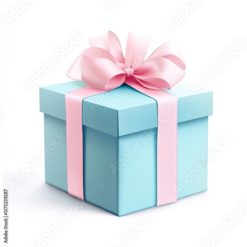 Blue gift box with pink ribbon and bow on a white background