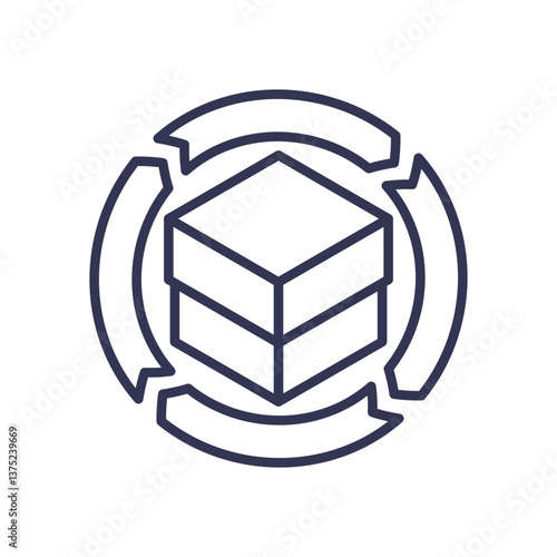 Cube with circular arrows symbolizes continuous product lifecycle.