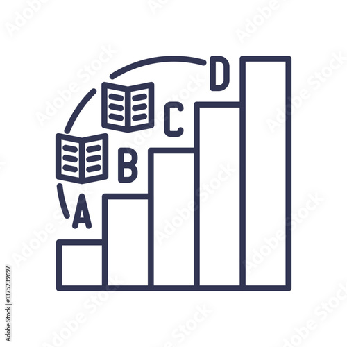 Bar chart with books and letters symbolizes learning progression and mastery.