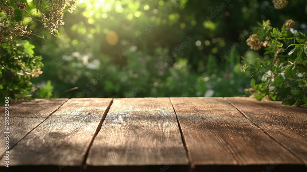 Fototapeta premium Wooden Tabletop in Garden: A rustic wooden table stands proudly amidst a lush garden, bathed in natural sunlight and framed by vibrant greenery.
