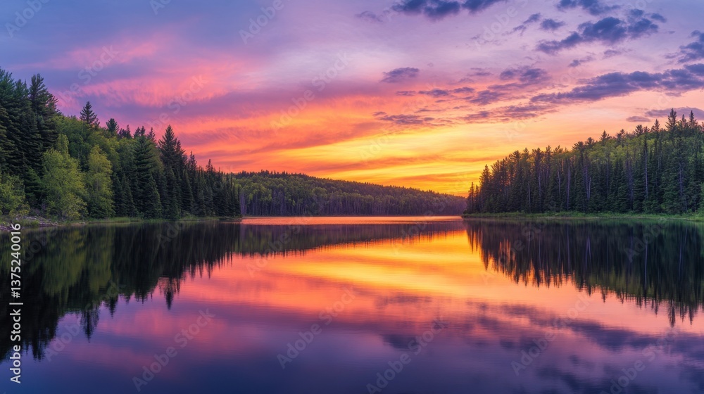 Serene Twilight Reflection over Calm Lake in Lush Forest Landscape Serene Twilight Reflection over Calm Lake in Lush Forest Landscape