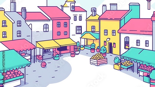 A vibrant colorful illustration depicting a European market square